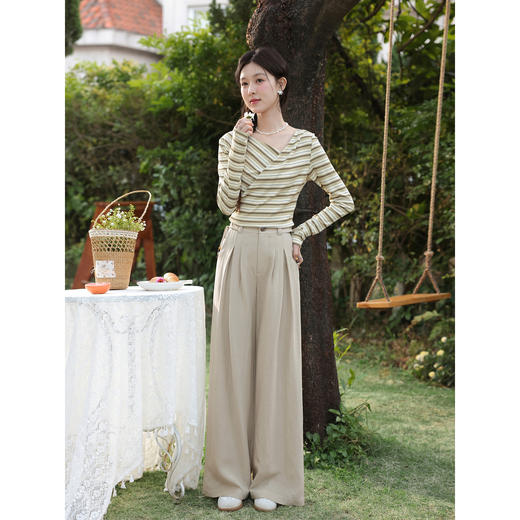 鹿向南「素影扶风」卡其色直筒休闲裤女春季新款宽松显瘦垂感长裤 商品图3