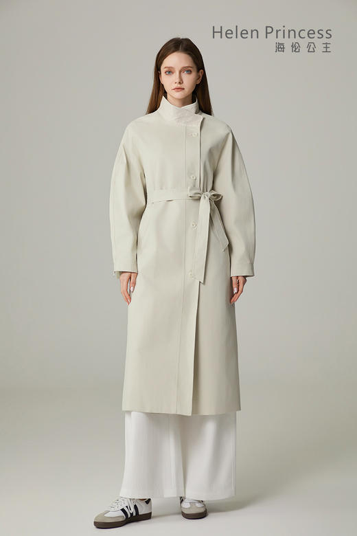 立领绑带收腰长款风衣 商品图3