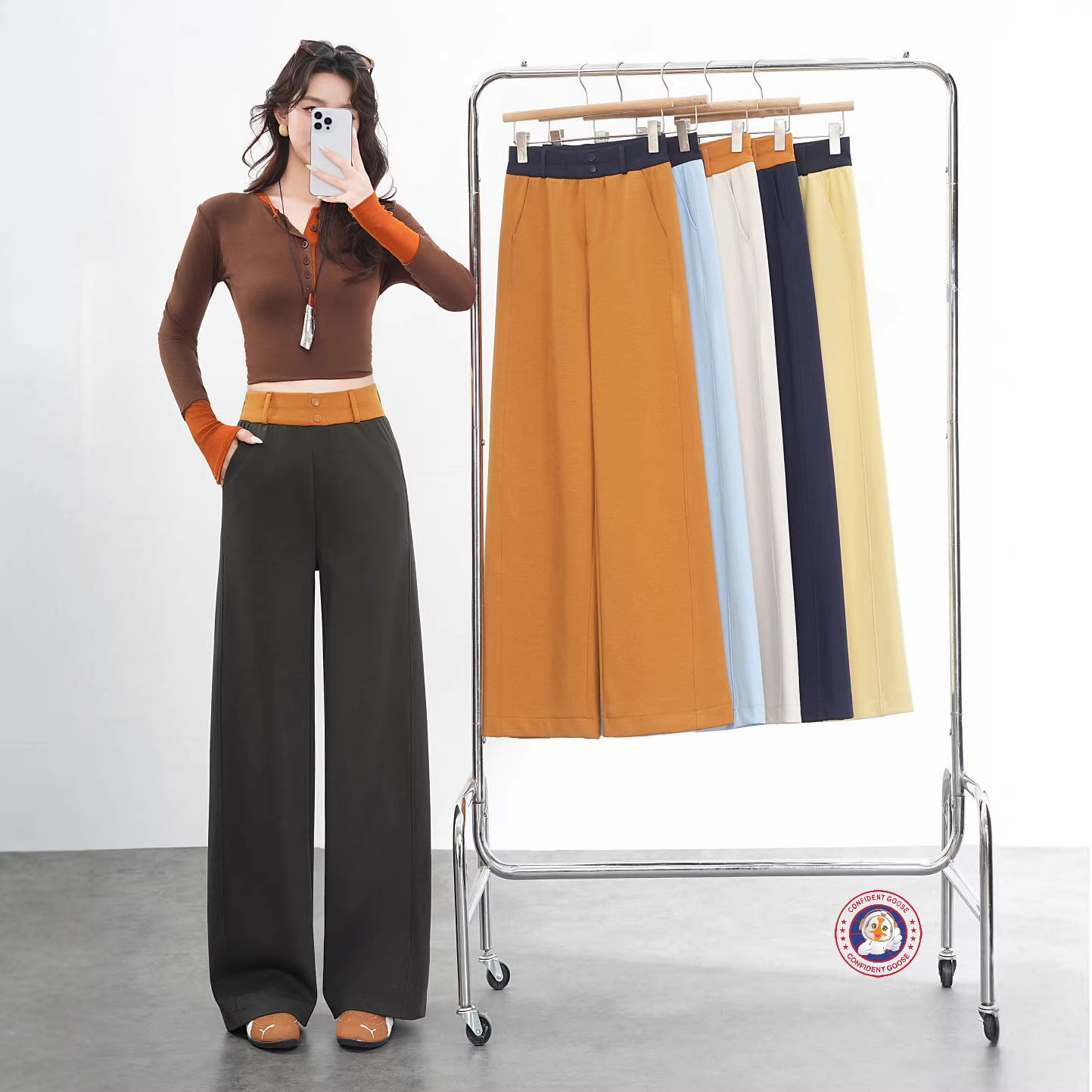 春季新款女装曼巴棉休闲直筒裤 高腰显瘦垂软糯宽松女裤