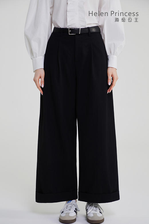 卷边阔腿裤配腰带 商品图3