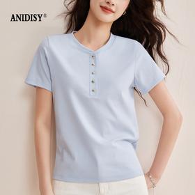 2026春装新品时尚圆领单排扣半襟正肩T恤