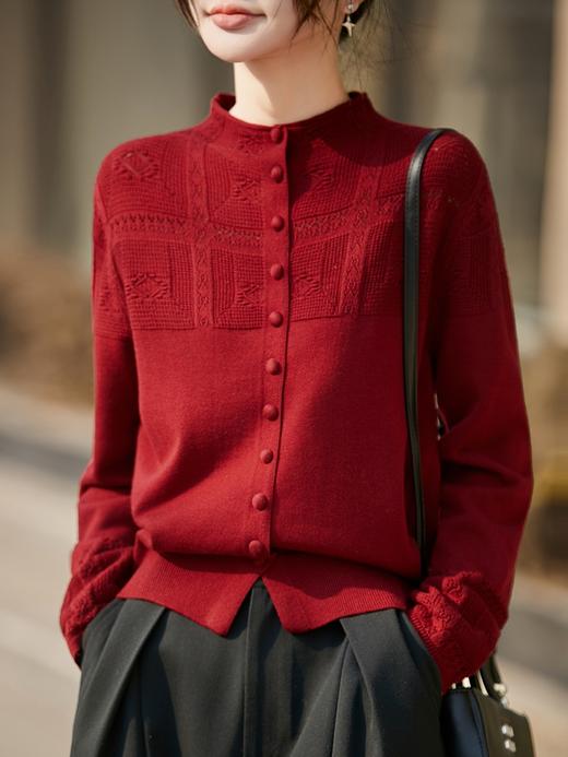 赤褛提花~圆领镂空针织纽扣开衫 商品图0