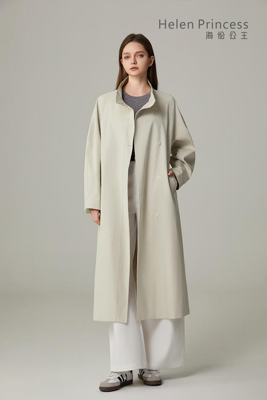 立领绑带收腰长款风衣 商品图1