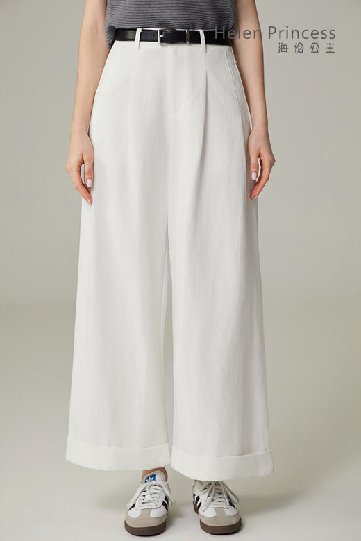 卷边阔腿裤配腰带 商品图0