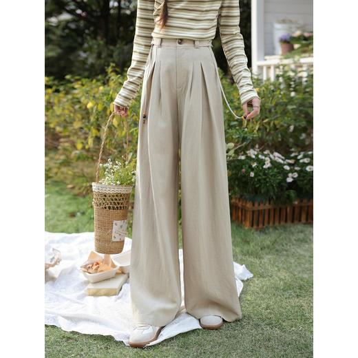 鹿向南「素影扶风」卡其色直筒休闲裤女春季新款宽松显瘦垂感长裤 商品图1