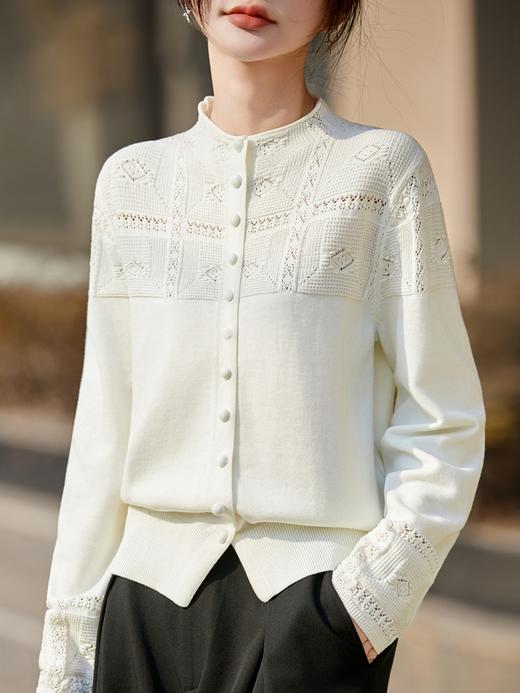赤褛提花~圆领镂空针织纽扣开衫 商品图4