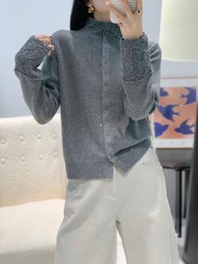 星纱肌理~花边袖半高领针织开衫毛衣