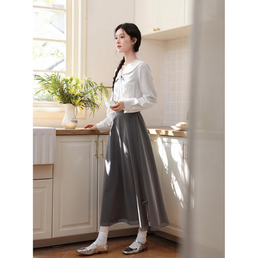 鹿向南「浪漫日记」高腰灰色半身裙女春季新款蕾丝拼接显瘦A字裙 商品图1