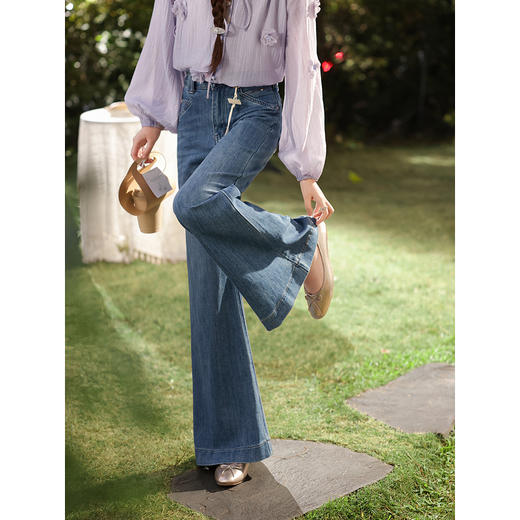 鹿向南「叙旧蓝调」蓝色牛仔裤春季款时尚百搭紧身微喇修身长裤女 商品图3