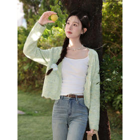 鹿向南「春芽绒暖」豆绿色长袖针织衫女春季轻薄宽松短款开衫上衣