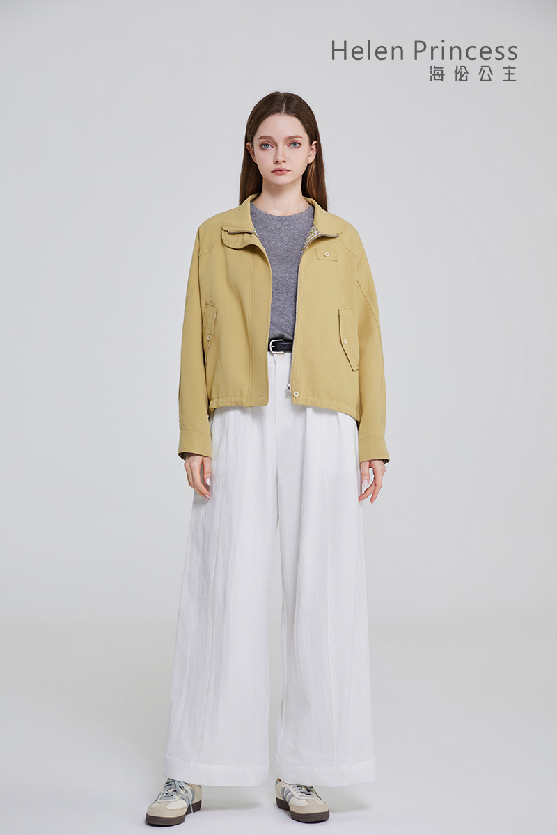 立领格纹拼接外套