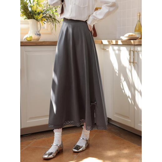 鹿向南「浪漫日记」高腰灰色半身裙女春季新款蕾丝拼接显瘦A字裙 商品图0