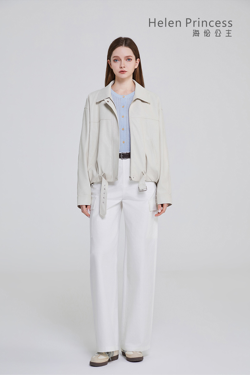 翻领腰带PU皮衣