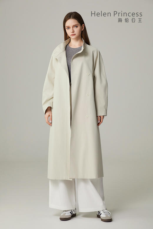 立领绑带收腰长款风衣 商品图2