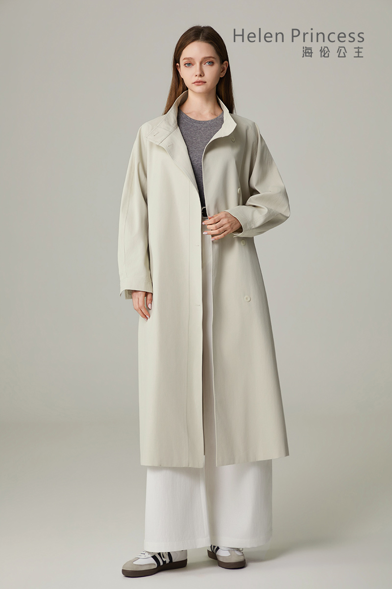 立领绑带收腰长款风衣