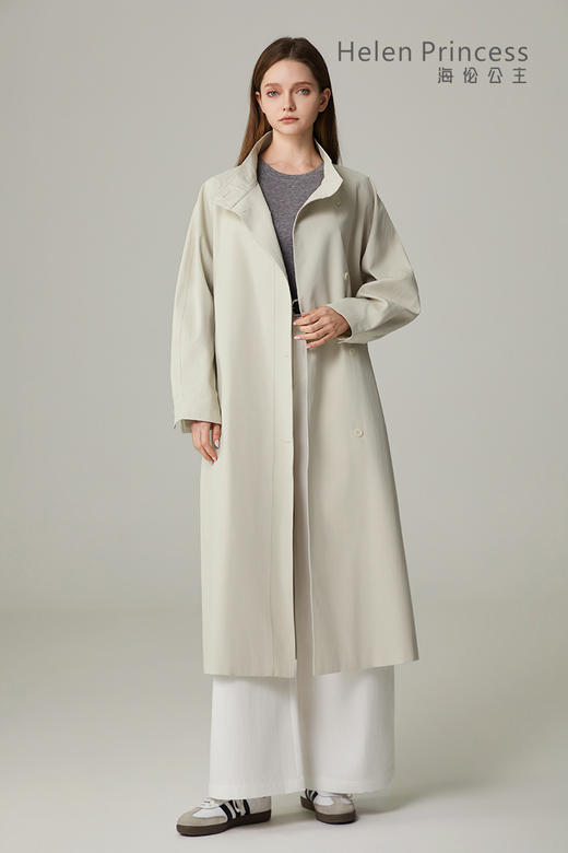 立领绑带收腰长款风衣 商品图0