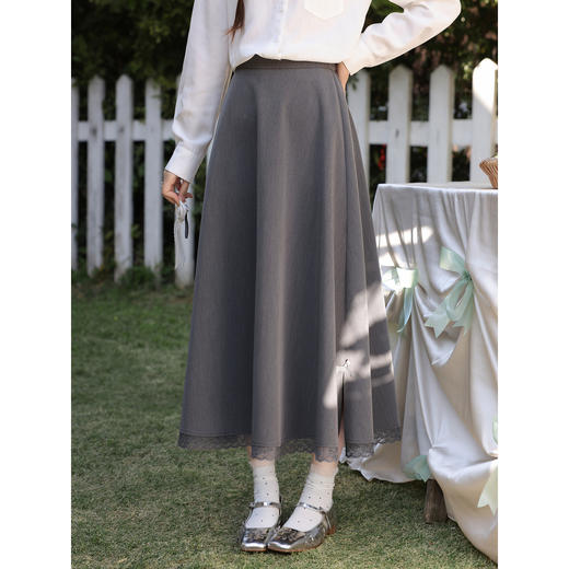 鹿向南「浪漫日记」高腰灰色半身裙女春季新款蕾丝拼接显瘦A字裙 商品图3