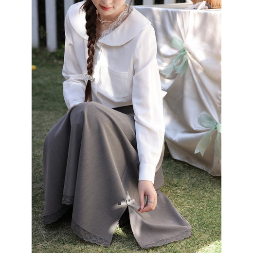 鹿向南「浪漫日记」高腰灰色半身裙女春季新款蕾丝拼接显瘦A字裙 商品图4