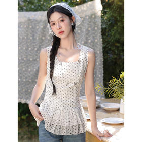 鹿向南「春雨花季」杏色波点无袖背心女春季收腰巨好看无袖上衣