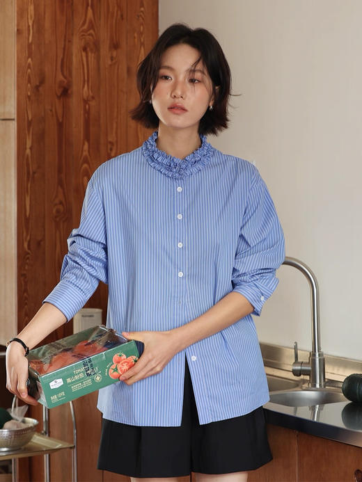 春日清新蓝白条Miu感木耳花边衬衫 商品图4