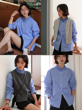 春日清新蓝白条Miu感木耳花边衬衫