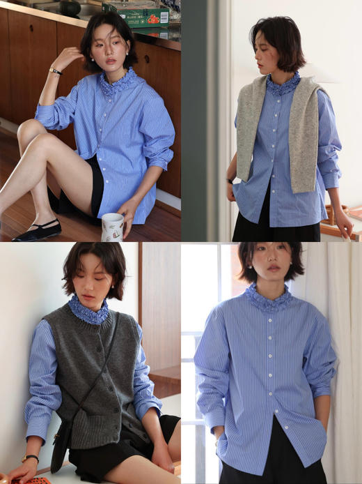 春日清新蓝白条Miu感木耳花边衬衫 商品图0