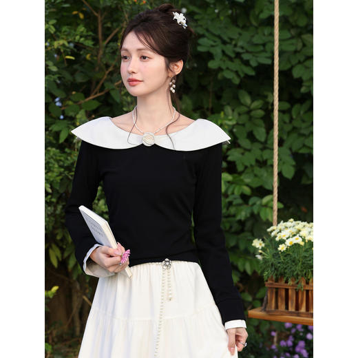 鹿向南「山茶墨韵」黑色假两件t恤女春季小众设计感法式长袖上衣 商品图0