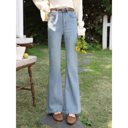 鹿向南「浅花诗意」蓝色微喇牛仔裤女春新款小个子高腰修身喇叭裤 商品图1