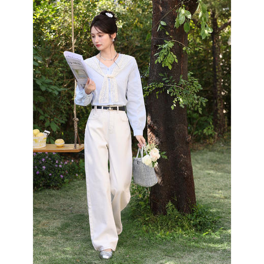 鹿向南「纸刻书章」白色直筒牛仔裤女春季新款高腰宽松百搭长裤 商品图2