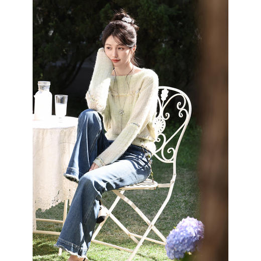 鹿向南「蓝调慵风」复古深蓝色微喇毛边牛仔裤女春季显瘦气质长裤 商品图4