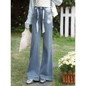 鹿向南「浅蓝浣纱」蓝色牛仔裤女春新款宽松时尚修身高腰阔腿长裤