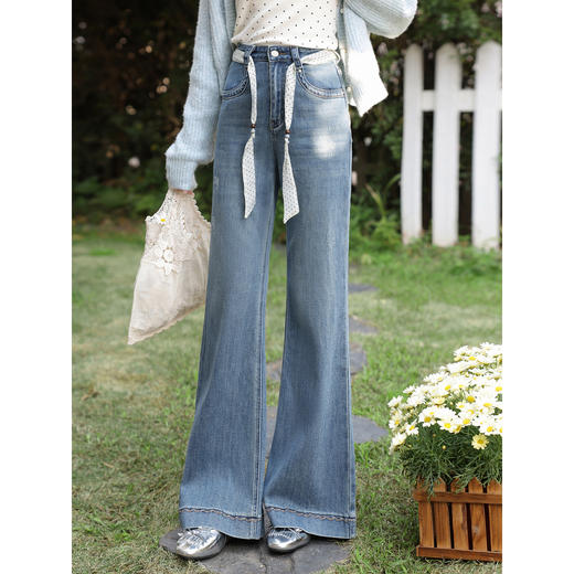 鹿向南「浅蓝浣纱」蓝色牛仔裤女春新款宽松时尚修身高腰阔腿长裤 商品图0