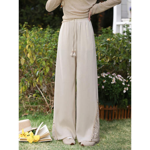 鹿向南「砾沙祝白」杏色宽松阔腿休闲裤女春季高腰设计感长款裤子 商品图1