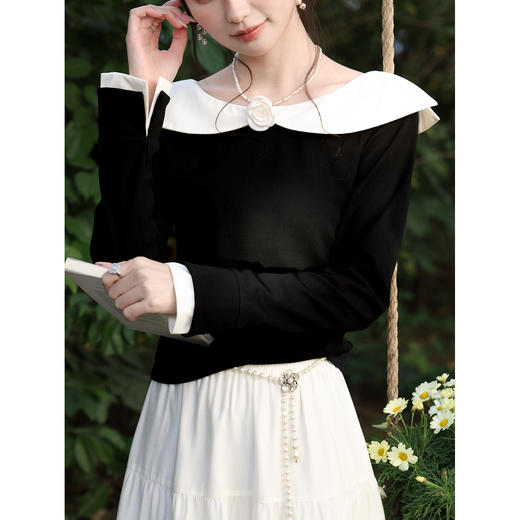 鹿向南「山茶墨韵」黑色假两件t恤女春季小众设计感法式长袖上衣 商品图3