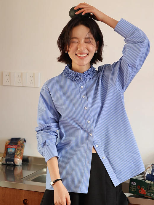 春日清新蓝白条Miu感木耳花边衬衫 商品图1