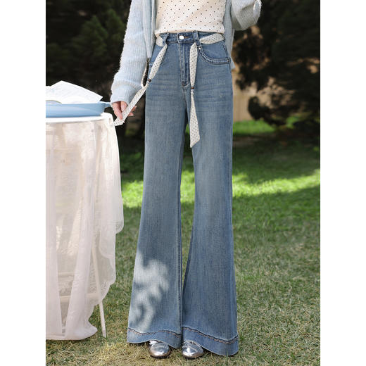 鹿向南「浅蓝浣纱」蓝色牛仔裤女春新款宽松时尚修身高腰阔腿长裤 商品图1