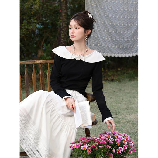 鹿向南「山茶墨韵」黑色假两件t恤女春季小众设计感法式长袖上衣 商品图2