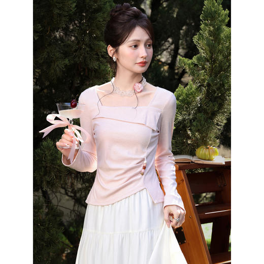 鹿向南「樱花气泡」不规则设计感长袖t恤女春季掐腰修身粉色上衣 商品图0