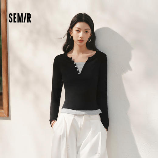 森马长袖T恤女春季短款紧身假两件2026新款设计感显瘦气质套头衫 商品图0