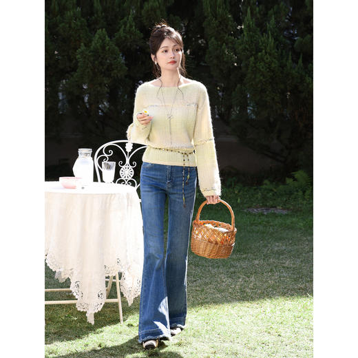 鹿向南「蓝调慵风」复古深蓝色微喇毛边牛仔裤女春季显瘦气质长裤 商品图3