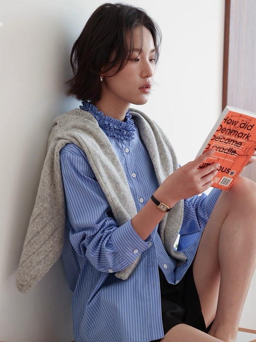 春日清新蓝白条Miu感木耳花边衬衫 商品图3