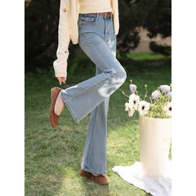 鹿向南「浅花诗意」蓝色微喇牛仔裤女春新款小个子高腰修身喇叭裤