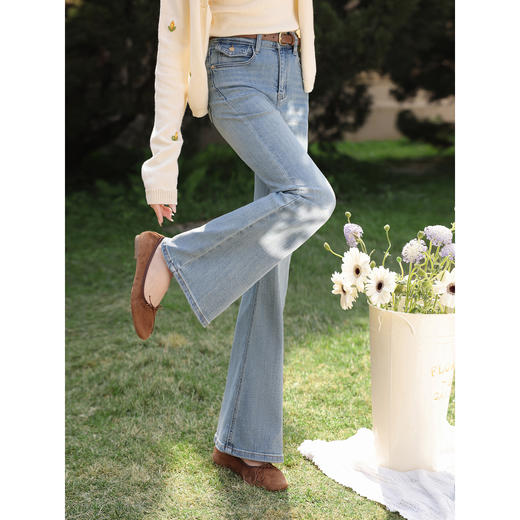 鹿向南「浅花诗意」蓝色微喇牛仔裤女春新款小个子高腰修身喇叭裤 商品图0