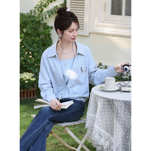 鹿向南「崧蓝之境」蓝色长袖衬衫春季新款法式百搭显瘦开衫上衣女 商品图4