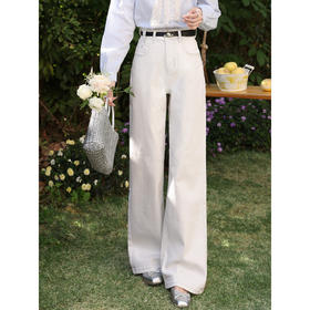 鹿向南「纸刻书章」白色直筒牛仔裤女春季新款高腰宽松百搭长裤