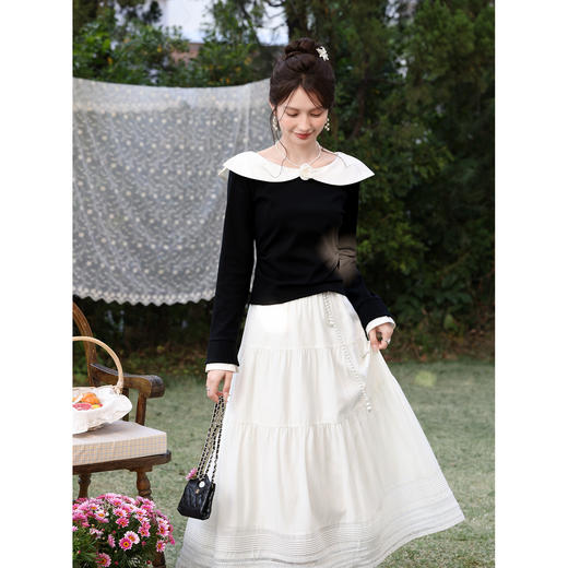 鹿向南「山茶墨韵」黑色假两件t恤女春季小众设计感法式长袖上衣 商品图1