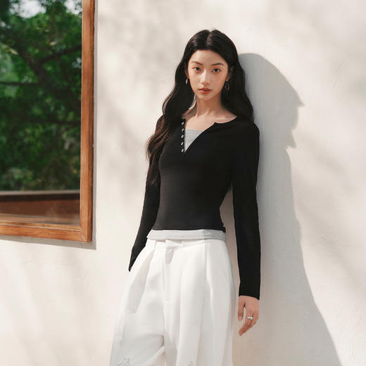 森马长袖T恤女春季短款紧身假两件2026新款设计感显瘦气质套头衫 商品图2