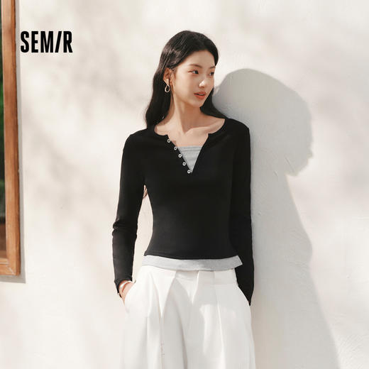 森马长袖T恤女春季短款紧身假两件2026新款设计感显瘦气质套头衫 商品图1