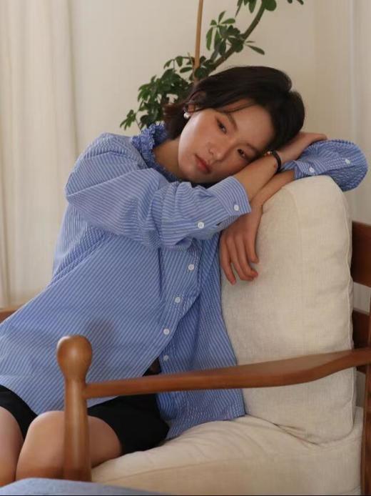 春日清新蓝白条Miu感木耳花边衬衫 商品图2