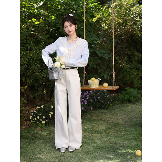 鹿向南「纸刻书章」白色直筒牛仔裤女春季新款高腰宽松百搭长裤 商品图1